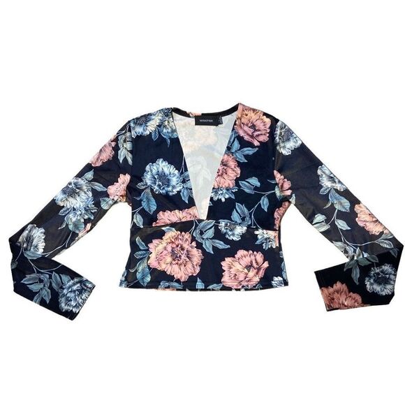 MINKPINK Garden of Eden Velvet Floral Long Sleeve Crop Top Women’s Size Large - Picture 3 of 6
